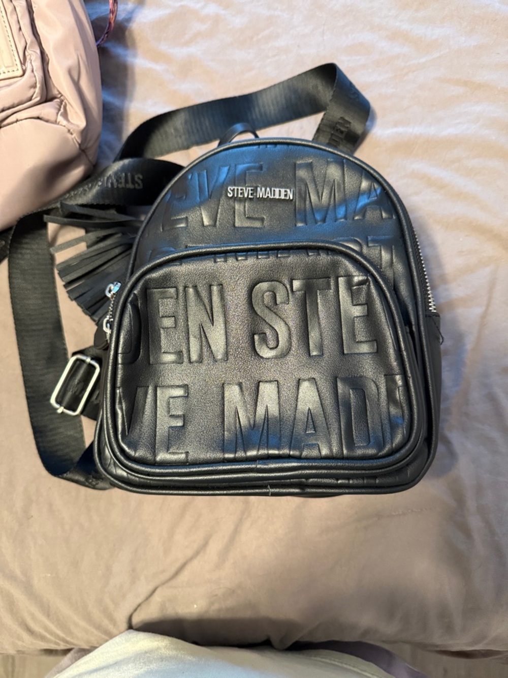 Steve Madden Black Embossed Logo Mini Backpack Crossbody